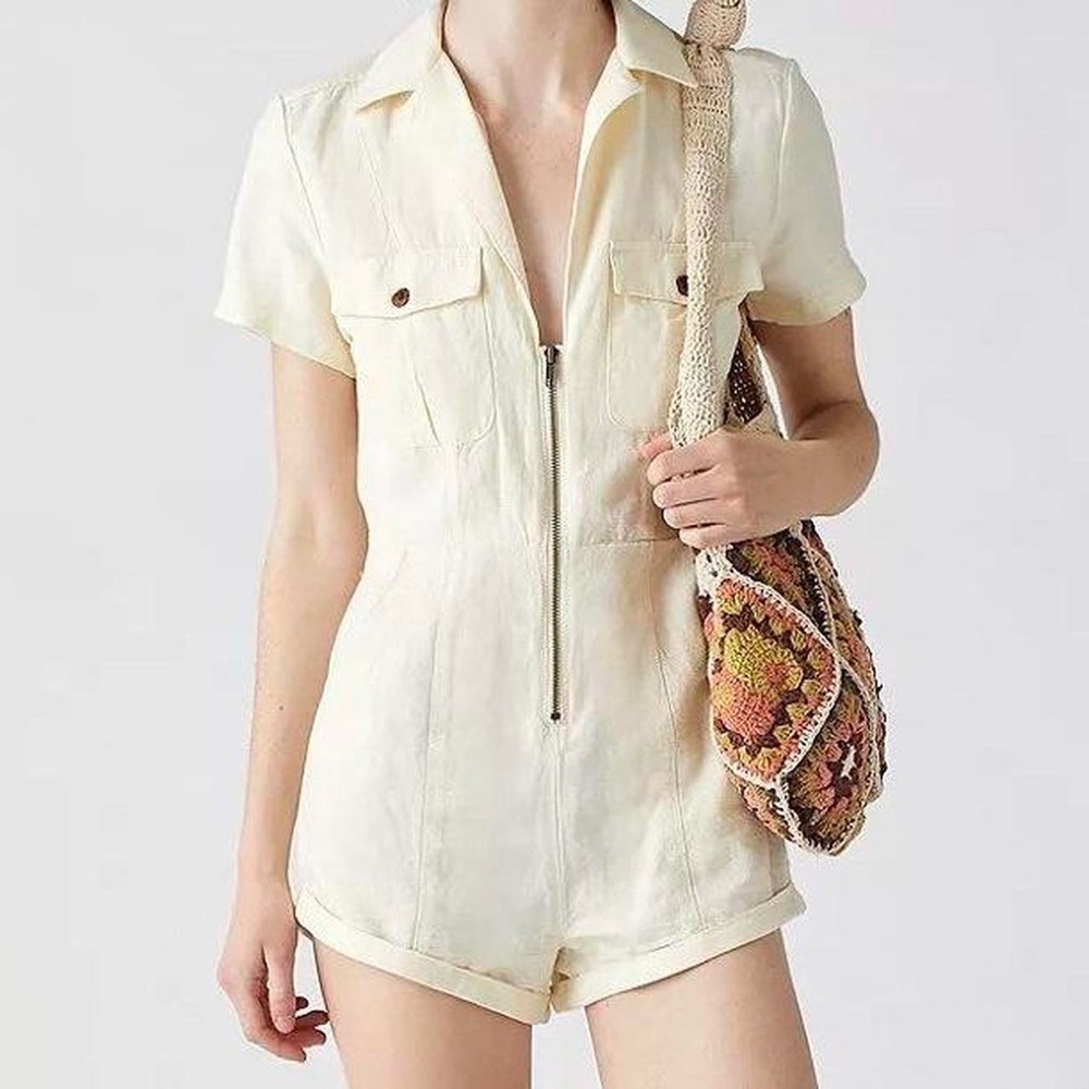 Urban Outfitters Cream Short-Sleeve Zip Romper